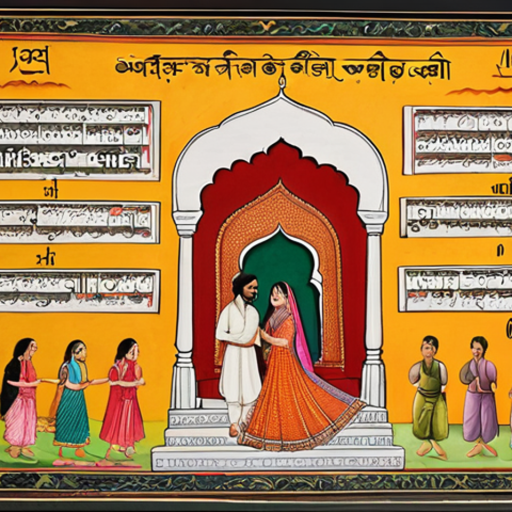 **Image Prompt:** A vibrant, detailed miniature painting in the Mughal style. The artwork depicts a scene from a classic Bollywood film, but the actors' dialogues are rendered as beautiful calligraphic representations of the Hindi alphabet (Devanagari). The overall aesthetic should evoke a sense of rich cultural heritage and artistic finesse.
