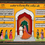 **Image Prompt:** A vibrant, detailed miniature painting in the Mughal style. The artwork depicts a scene from a classic Bollywood film, but the actors' dialogues are rendered as beautiful calligraphic representations of the Hindi alphabet (Devanagari). The overall aesthetic should evoke a sense of rich cultural heritage and artistic finesse.