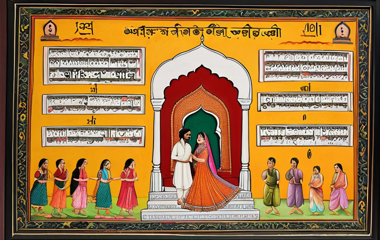 **Image Prompt:** A vibrant, detailed miniature painting in the Mughal style. The artwork depicts a scene from a classic Bollywood film, but the actors' dialogues are rendered as beautiful calligraphic representations of the Hindi alphabet (Devanagari). The overall aesthetic should evoke a sense of rich cultural heritage and artistic finesse.
