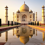 **

"Taj Mahal at sunrise, Agra, India. Golden light illuminating the white marble, reflecting in the surrounding gardens. Soft, ethereal atmosphere. Petha sweet in the foreground."

**