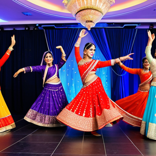 Bollywood Dance Celebration**

"A vibrant Bollywood dance performance at a Turkish wedding. Dancers in colorful, traditional Indian attire, fully clothed, performing energetic moves. Turkish guests are watching and enjoying the spectacle. The setting is a beautifully decorated wedding hall in Istanbul. Safe for work, appropriate content, family-friendly, professional photography, perfect anatomy, natural proportions, well-formed hands, proper finger count."

**