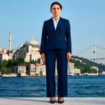 **

"A professional businesswoman in a modest, tailored navy blue business suit, standing confidently in front of the Bosphorus in Istanbul, fully clothed, appropriate attire, safe for work, perfect anatomy, natural proportions, professional photography, high quality, natural lighting."

**