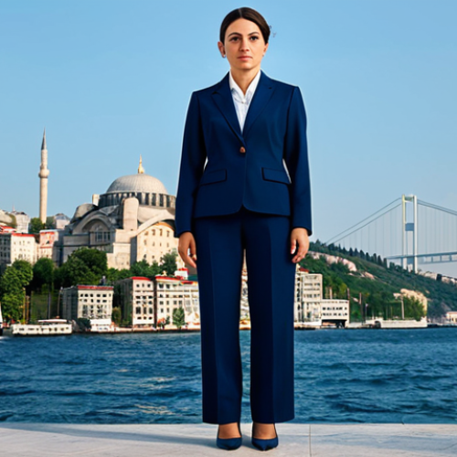 **

"A professional businesswoman in a modest, tailored navy blue business suit, standing confidently in front of the Bosphorus in Istanbul, fully clothed, appropriate attire, safe for work, perfect anatomy, natural proportions, professional photography, high quality, natural lighting."

**