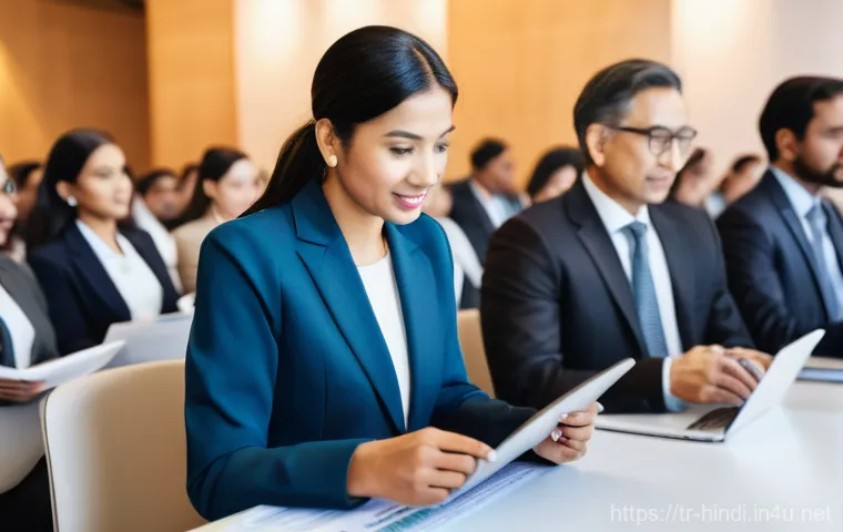 힌디어 통번역 취업 - **Prompt:** A dynamic, wide-angle shot of a bustling international business conference. Diverse busi...