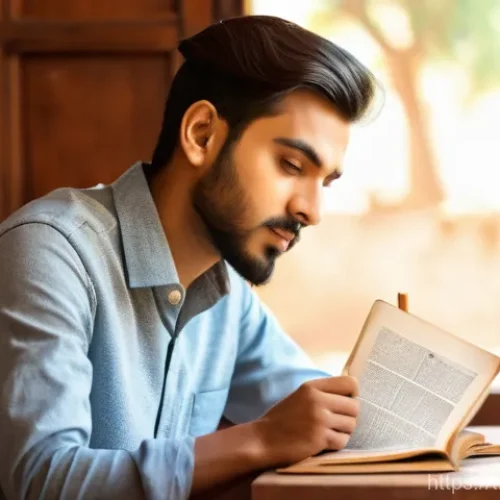 Home 29 힌디어 학습 교재 추천 - A young man, casually dressed in a comfortable shirt and jeans, sits at a wooden desk, his eyes wide...