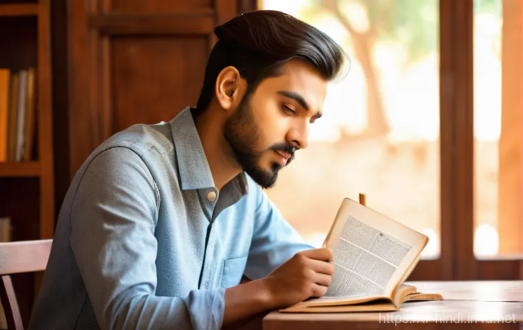 힌디어 학습 교재 추천 - A young man, casually dressed in a comfortable shirt and jeans, sits at a wooden desk, his eyes wide...